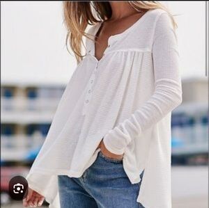 We The Free White Asymmetrical Button Down Henley Blouse Oversized XS